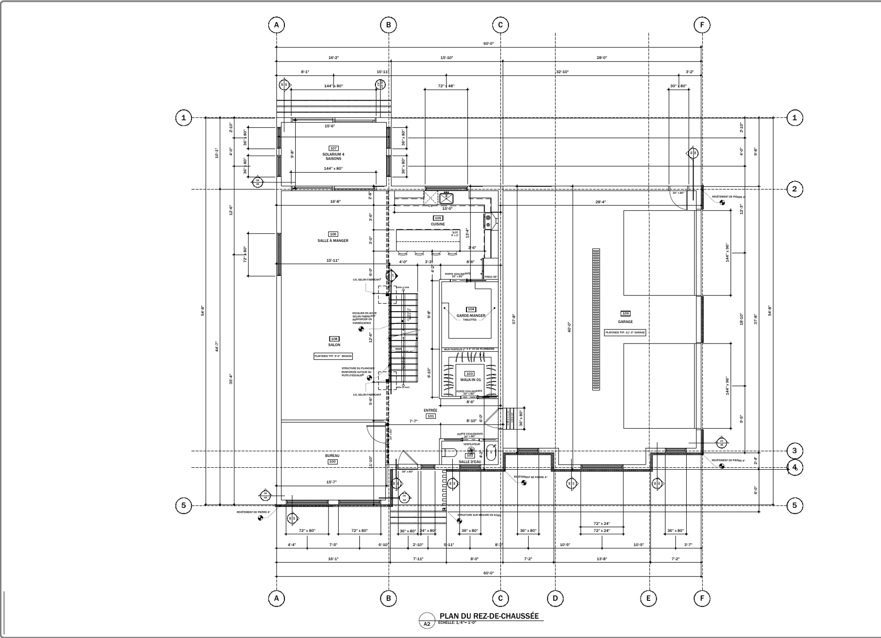 Extrait d'un plan de rez-de-chaussée coté : solarium, cuisine, salon, garde-manger et garage